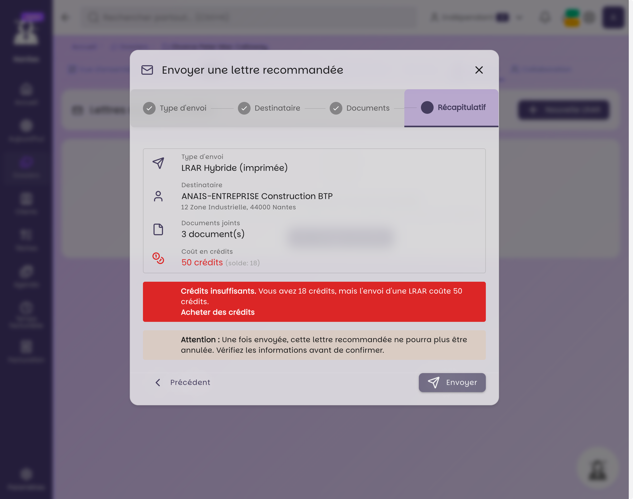 Récapitulatif d'envoi LRAR